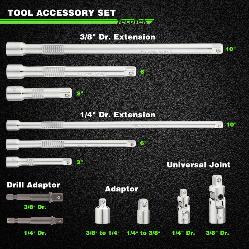TecoTek 17-Pieces Drive Tool Accessory Set, Spark Plug Socket Set, Includes 1/4" & 3/8” Drive Extension Bar, Socket Adapter, Universal Joints, Spark Plug Sockets, Professional Socket Accessories, Cr-V - Image 3